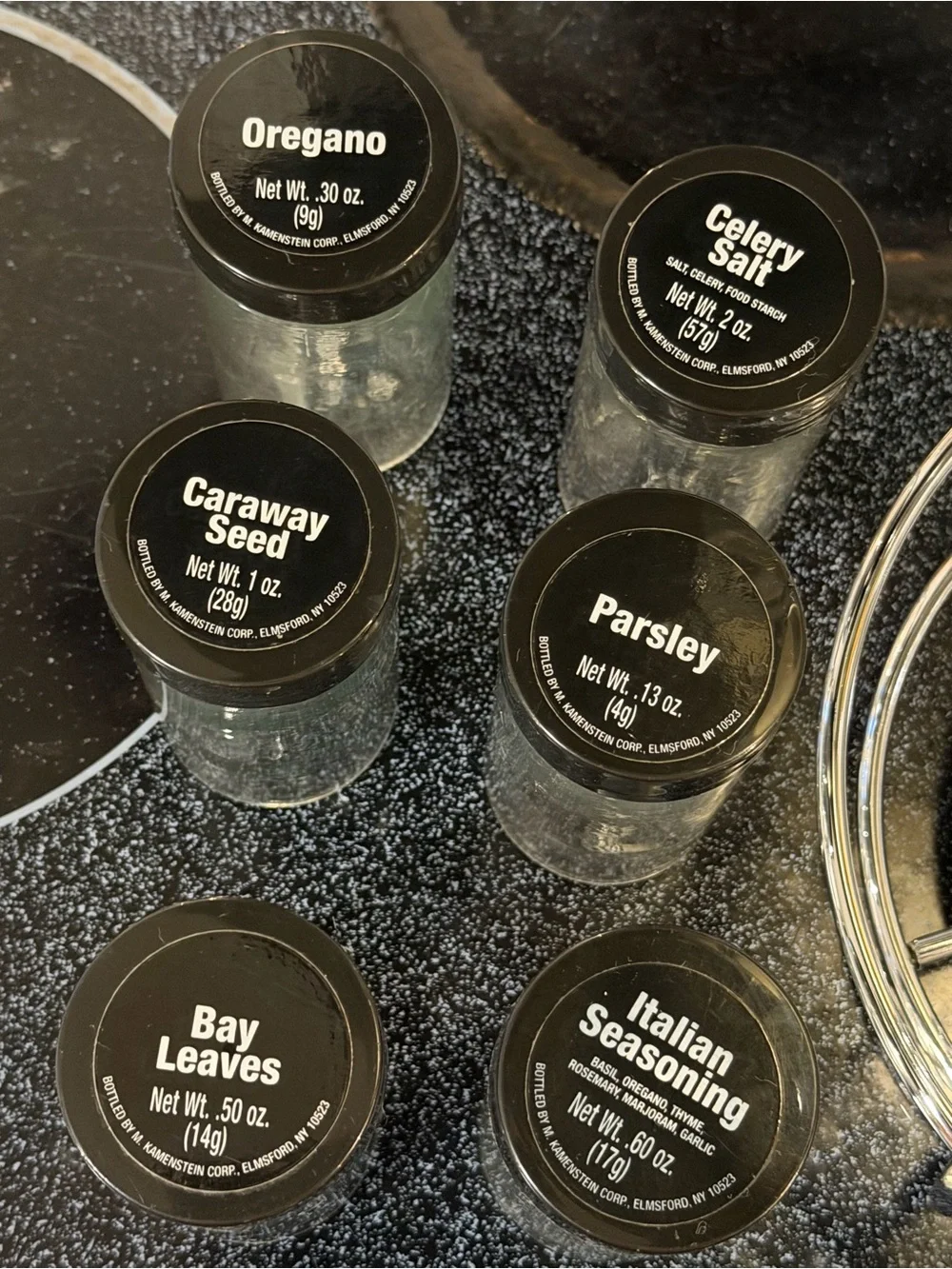 Chrome Rotating Spice Rack with Black-Lid Glass Jars - Home Kitchen